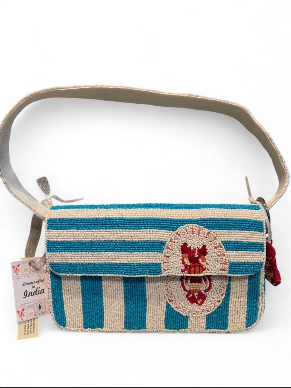 Made in India Blue and white striped beaded shoulder bag with lobster design